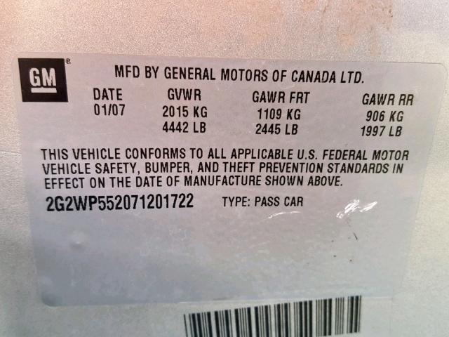 2G2WP552071201722 - 2007 PONTIAC GRAND PRIX SILVER photo 10