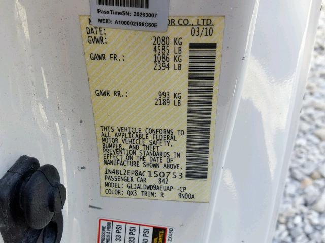 1N4BL2EP8AC150753 - 2010 NISSAN ALTIMA SR WHITE photo 10