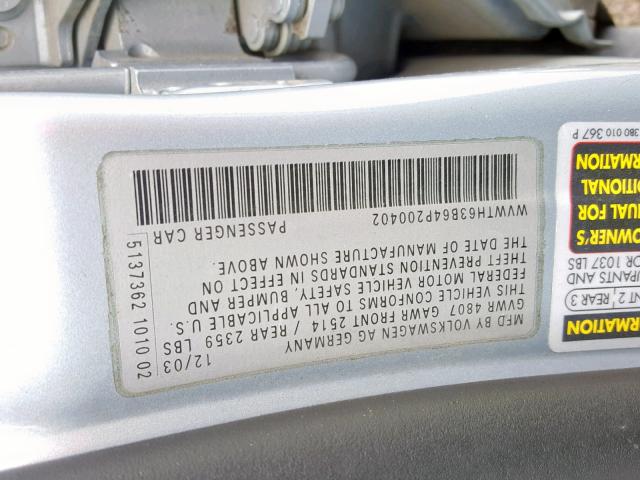 WVWTH63B64P200402 - 2004 VOLKSWAGEN PASSAT GLX 银色 照片 10