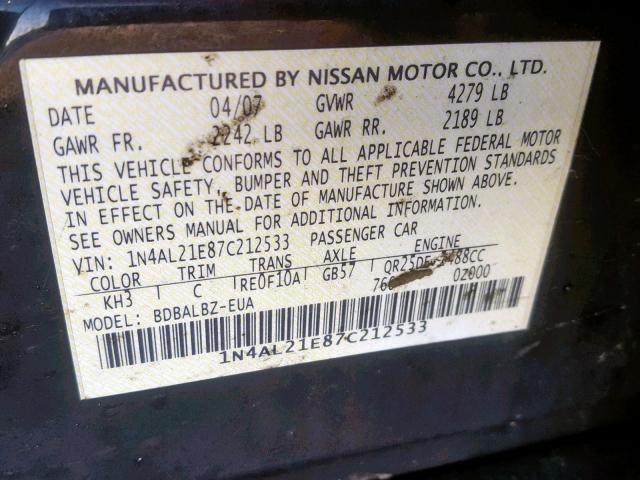 1N4AL21E87C212533 - 2007 NISSAN ALTIMA 2.5 BLACK photo 10