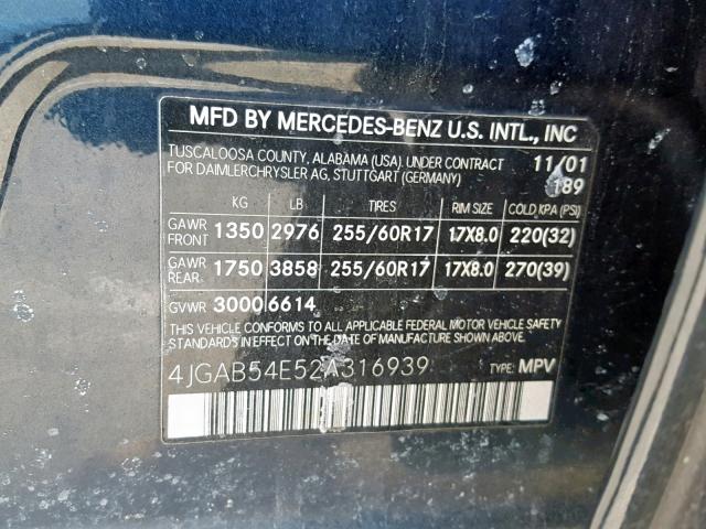 4JGAB54E52A316939 - 2002 MERCEDES-BENZ ML 320 BLUE photo 10