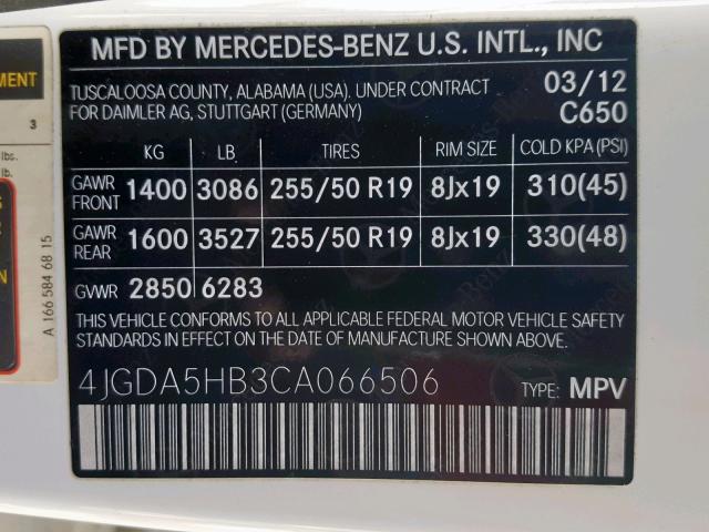 4JGDA5HB3CA066506 - 2012 MERCEDES-BENZ ML 350 4MA WHITE photo 10