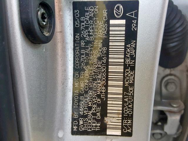 JTHBF30G630146198 - 2003 LEXUS ES 300 SILVER photo 10