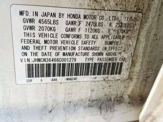 JHMCN36466C001279 - 2006 HONDA ACCORD HYB WHITE photo 10