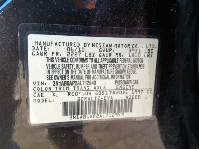 3N1AB6AP2AL712949 - 2010 NISSAN SENTRA 2.0 BLACK photo 10