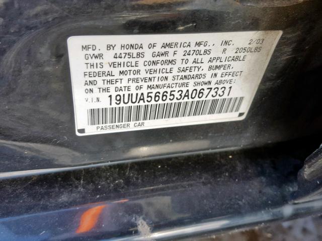 19UUA56653A067331 - 2003 ACURA 3.2TL BLACK photo 10