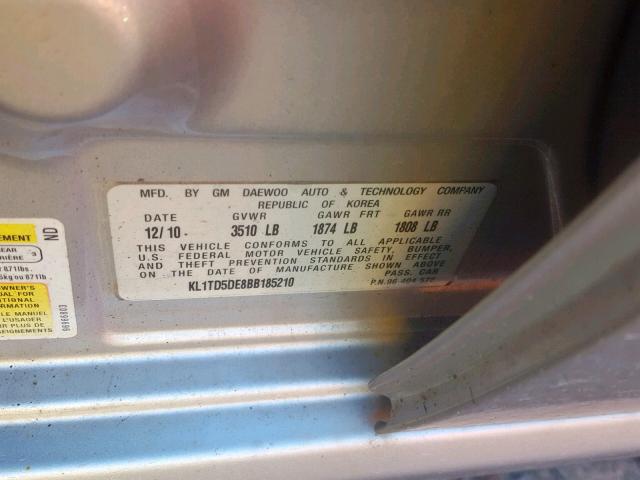 KL1TD5DE8BB185210 - 2011 CHEVROLET AVEO LS SILVER photo 10