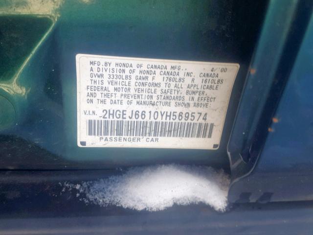 2HGEJ6610YH569574 - 2000 HONDA CIVIC BASE GREEN photo 10