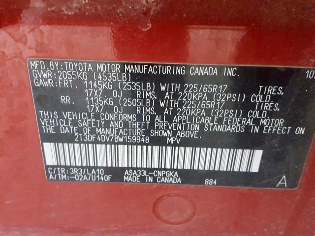 2T3DF4DV7BW159948 - 2011 TOYOTA RAV4 LIMIT RED photo 10