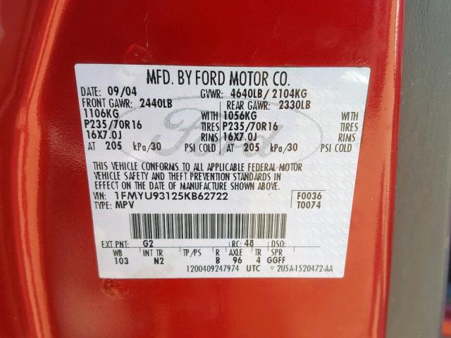 1FMYU93125KB62722 - 2005 FORD ESCAPE XLT RED photo 10