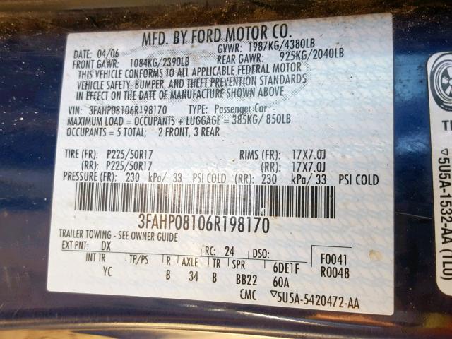 3FAHP08106R198170 - 2006 FORD FUSION SEL BLUE photo 10