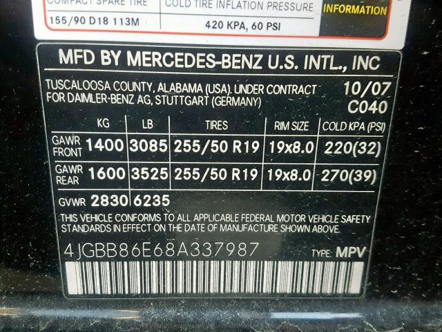 4JGBB86E68A337987 - 2008 MERCEDES-BENZ ML 350 BLACK photo 10