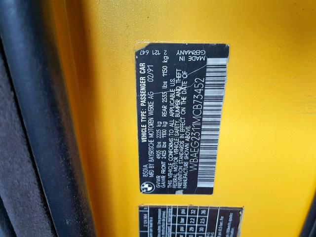 WBAEG2311MCB73452 - 1991 BMW 850 I AUTO YELLOW photo 10