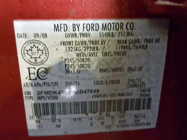 2FMDK49C68BB47848 - 2008 FORD EDGE LIMIT RED photo 10