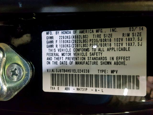 5J8TB4H51EL024538 - 2014 ACURA RDX TECHNO BLACK photo 10