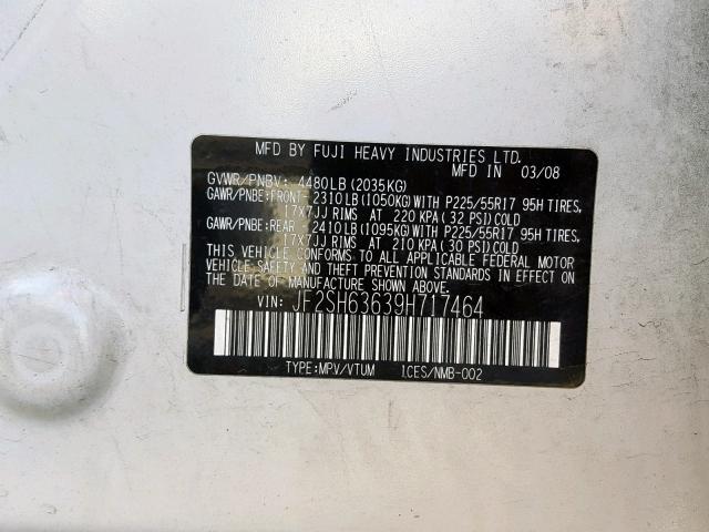 JF2SH63639H717464 - 2009 SUBARU FORESTER 2 WHITE photo 10