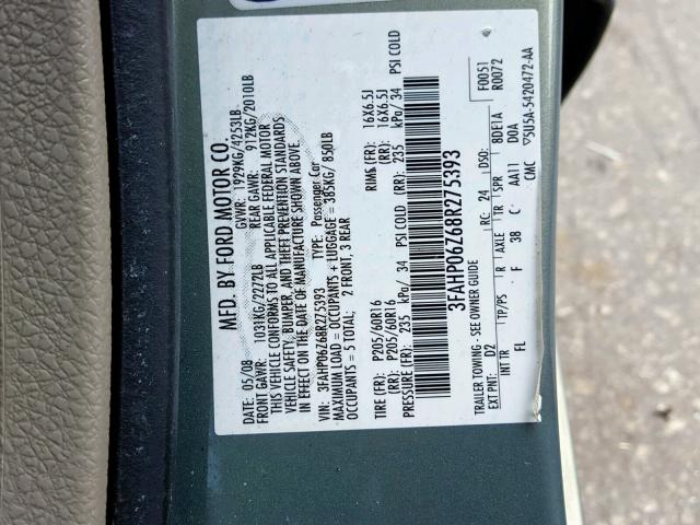 3FAHP06Z68R275393 - 2008 FORD FUSION S SILVER photo 10