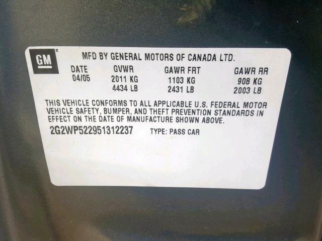 2G2WP522951312237 - 2005 PONTIAC GRAND PRIX GRAY photo 10