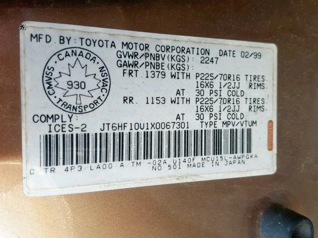 JT6HF10U1X0067301 - 1999 LEXUS RX 300 GOLD photo 10