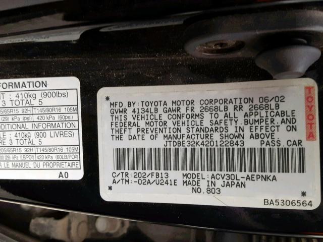 JTDBE32K420122843 - 2002 TOYOTA CAMRY LE BLACK photo 10