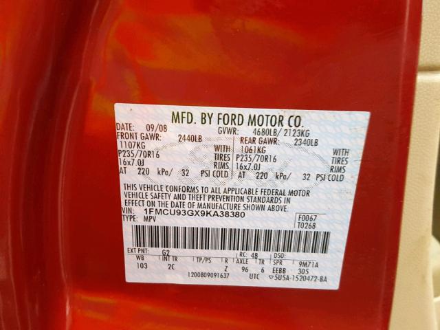 1FMCU93GX9KA38380 - 2009 FORD ESCAPE XLT RED photo 10