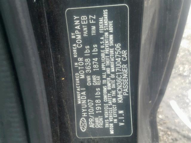 KMHCN36C17U047506 - 2007 HYUNDAI ACCENT SE BLACK photo 10