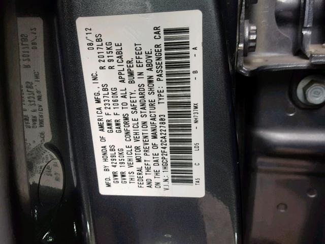 1HGCP2F42CA227883 - 2012 HONDA ACCORD LXP SILVER photo 10