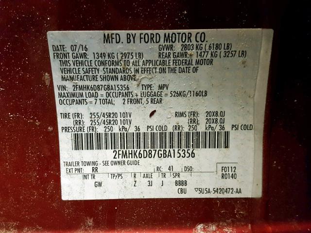 2FMHK6D87GBA15356 - 2016 FORD FLEX LIMIT RED photo 10