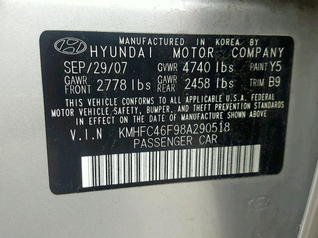 KMHFC46F98A290518 - 2008 HYUNDAI AZERA SE SILVER photo 10