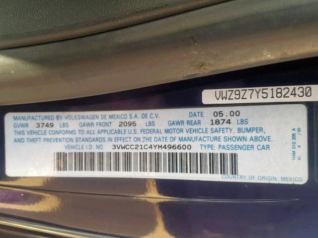 3VWCC21C4YM496600 - 2000 VOLKSWAGEN NEW BEETLE Mavi foto 10