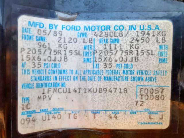 1FMCU14T1KUB94718 - 1989 FORD BRONCO II BLACK photo 10