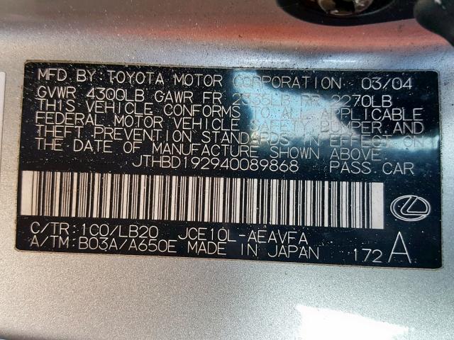 JTHBD192940089868 - 2004 LEXUS IS 300 SILVER photo 10