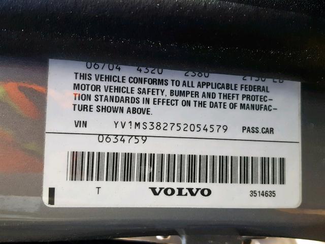 YV1MS382752054579 - 2005 VOLVO S40 2.4I GRAY photo 10