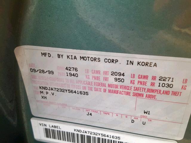 KNDJA7232Y5641635 - 2000 KIA SPORTAGE TEAL photo 10