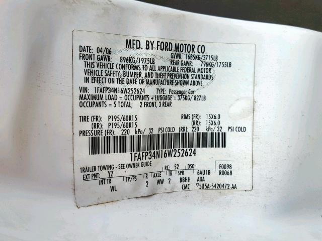 1FAFP34N16W252624 - 2006 FORD FOCUS ZX4 WHITE photo 10