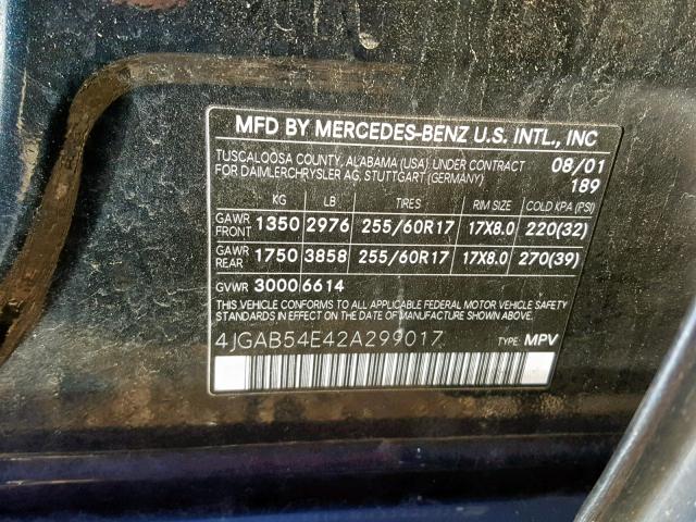 4JGAB54E42A299017 - 2002 MERCEDES-BENZ ML 320 BLACK photo 10