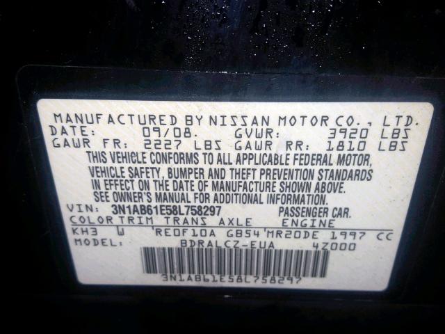 3N1AB61E58L758297 - 2008 NISSAN SENTRA 2.0 BLACK photo 10