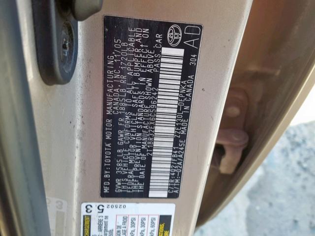 2T1BR32EX6C596242 - 2006 TOYOTA COROLLA CE GOLD photo 10