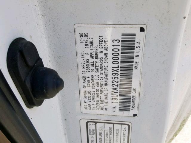 19UYA2259XL000013 - 1999 ACURA 3.0CL Белый фото 10