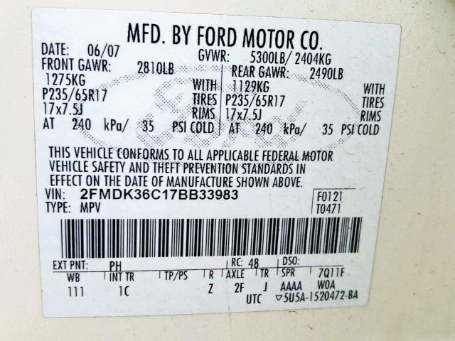 2FMDK36C17BB33983 - 2007 FORD EDGE SE WHITE photo 10