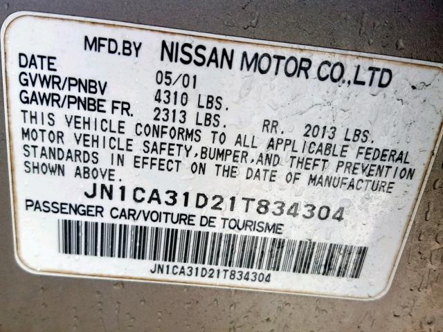 JN1CA31D21T834304 - 2001 NISSAN MAXIMA GXE SILVER photo 10