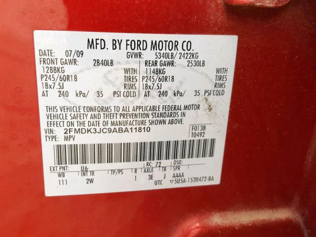 2FMDK3JC9ABA11810 - 2010 FORD EDGE SEL RED photo 10