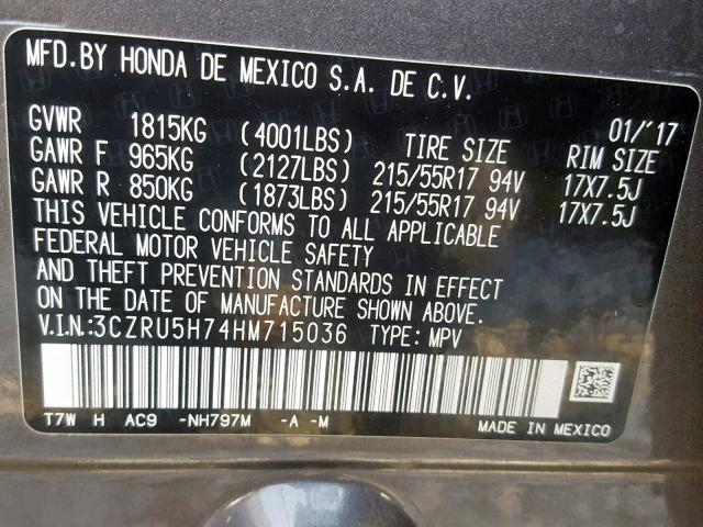 3CZRU5H74HM715036 - 2017 HONDA HR-V EXL GRAY photo 10