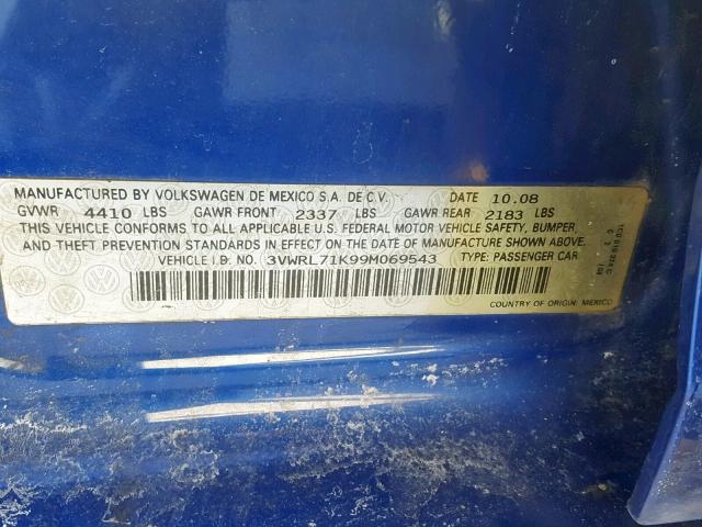 3VWRL71K99M069543 - 2009 VOLKSWAGEN JETTA TDI BLUE photo 10