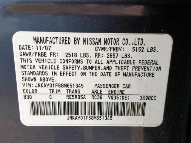 JNKAY01F68M651345 - 2008 INFINITI M35 BASE BLUE photo 10