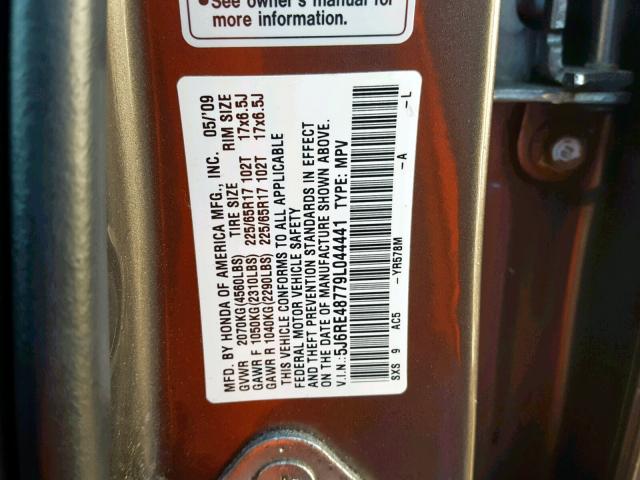 5J6RE48779L044441 - 2009 HONDA CR-V EXL BROWN photo 10