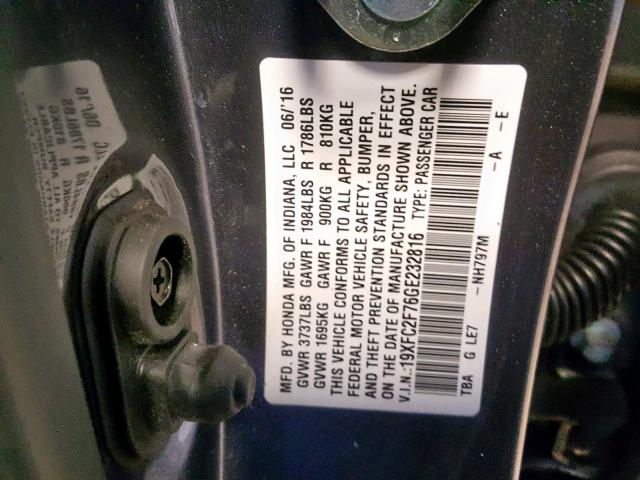 19XFC2F76GE232816 - 2016 HONDA CIVIC EX GRAY photo 10