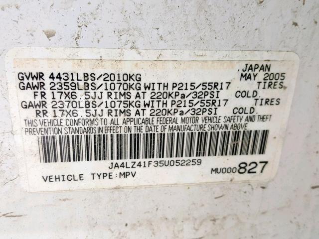 JA4LZ41F35U052259 - 2005 MITSUBISHI OUTLANDER WHITE photo 10