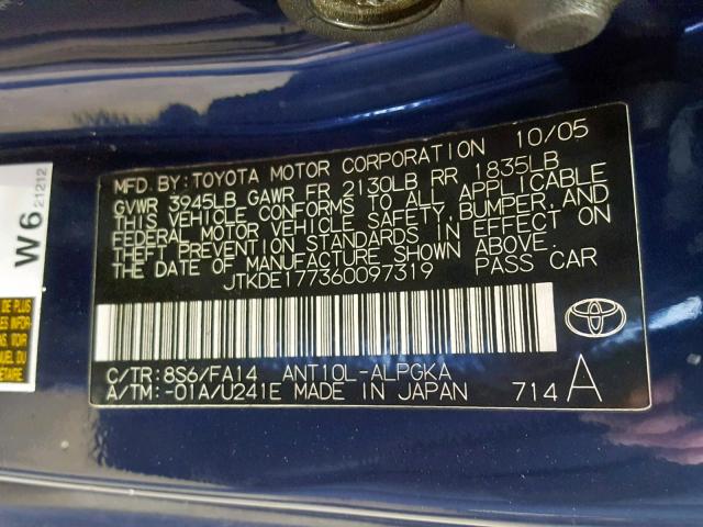 JTKDE177360097319 - 2006 TOYOTA SCION TC BLUE photo 10