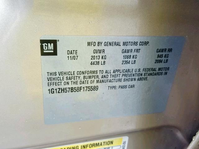 1G1ZH57B58F175589 - 2008 CHEVROLET MALIBU 1LT 金色 照片 10